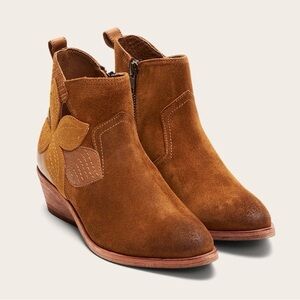 Frye Brown Suede Ankle Boots with Leaf Design NWOB